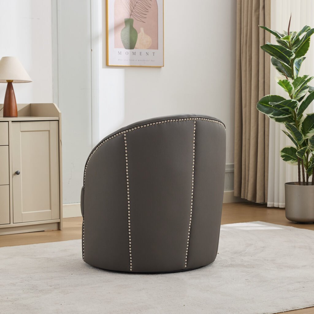 Gray Top-Grain Leather Swivel Accent Chair, 360° Smooth Spin, Mid-Century Modern Lounge Chair for Living Room/Office - Image 5