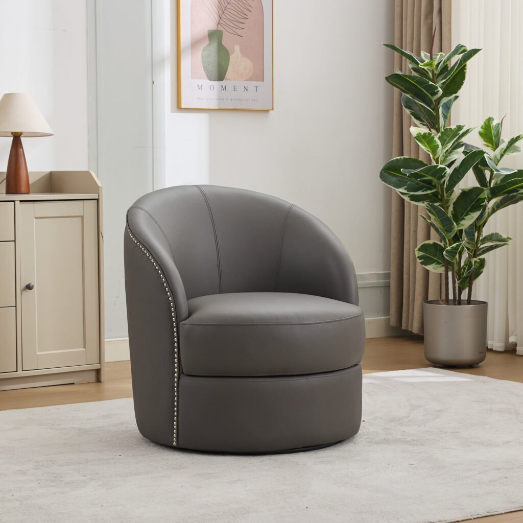 Gray Top-Grain Leather Swivel Accent Chair, 360° Smooth Spin, Mid-Century Modern Lounge Chair for Living Room/Office - Image 6