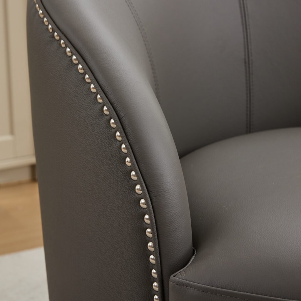 Gray Top-Grain Leather Swivel Accent Chair, 360° Smooth Spin, Mid-Century Modern Lounge Chair for Living Room/Office - Image 8