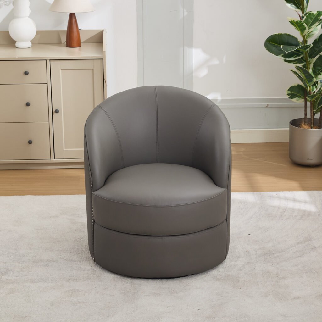 Gray Top-Grain Leather Swivel Accent Chair, 360° Smooth Spin, Mid-Century Modern Lounge Chair for Living Room/Office - Image 10