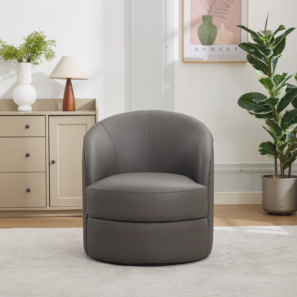 Gray Top-Grain Leather Swivel Accent Chair, 360° Smooth Spin, Mid-Century Modern Lounge Chair for Living Room/Office - Image 11