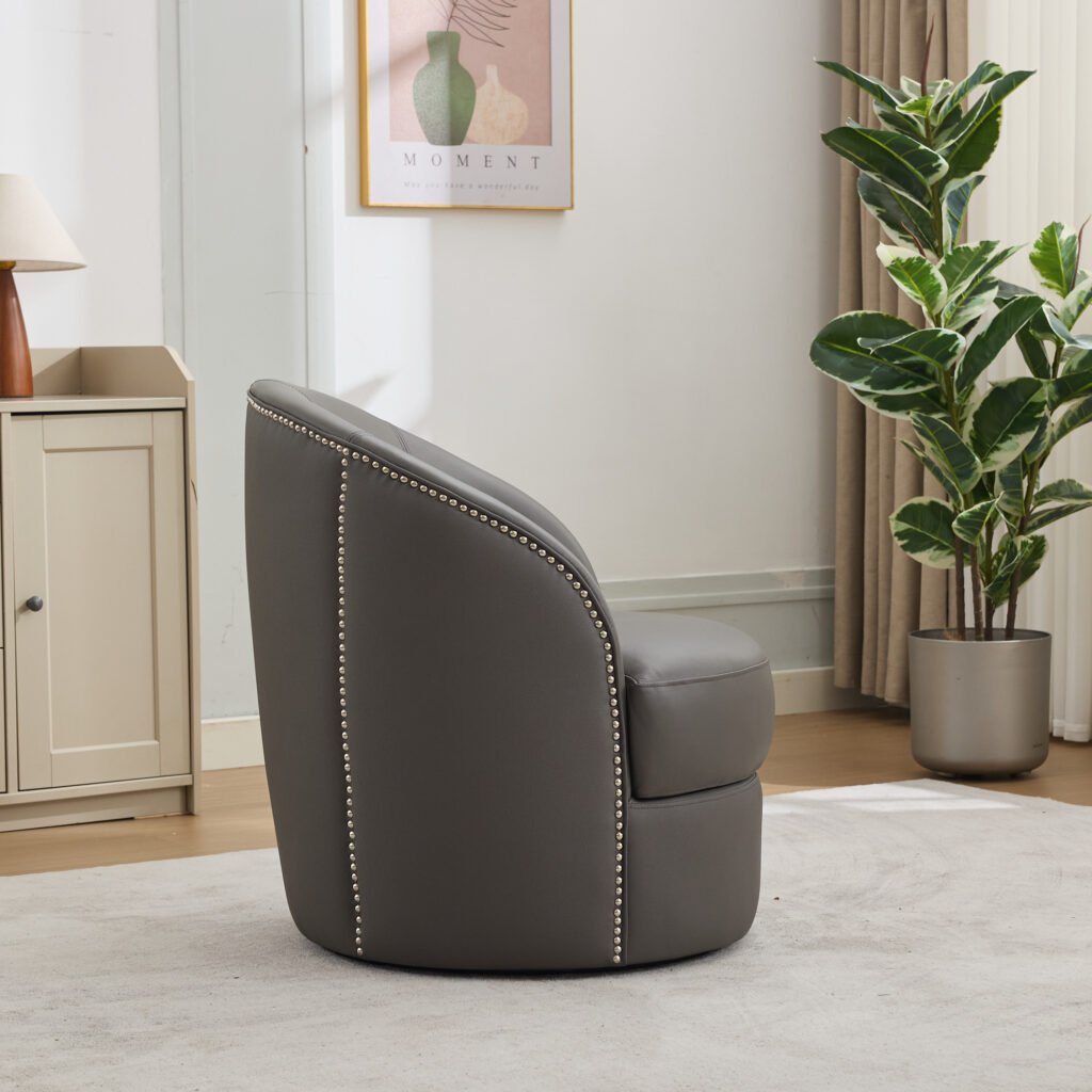 Gray Top-Grain Leather Swivel Accent Chair, 360° Smooth Spin, Mid-Century Modern Lounge Chair for Living Room/Office - Image 12