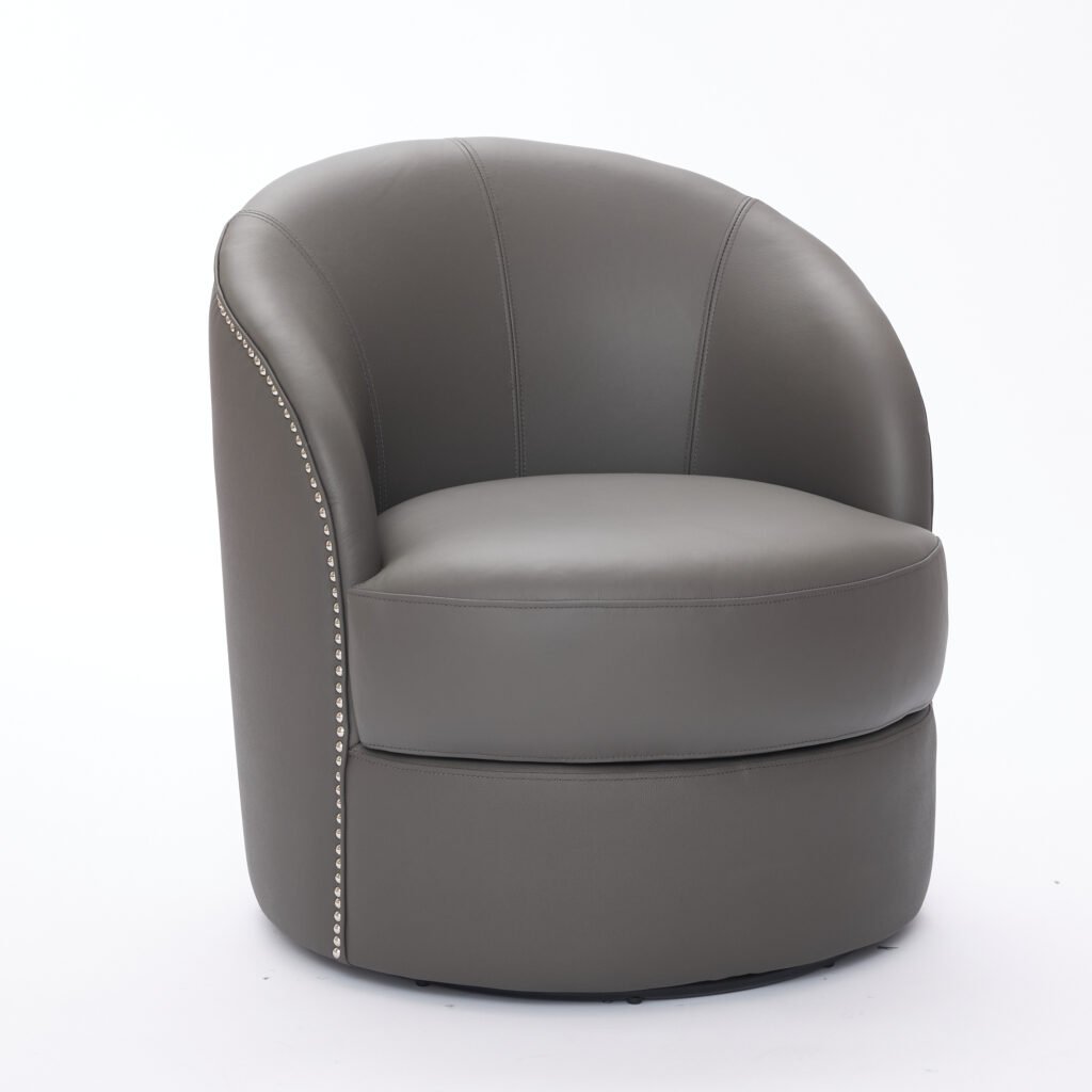 Gray Top-Grain Leather Swivel Accent Chair, 360° Smooth Spin, Mid-Century Modern Lounge Chair for Living Room/Office - Image 31