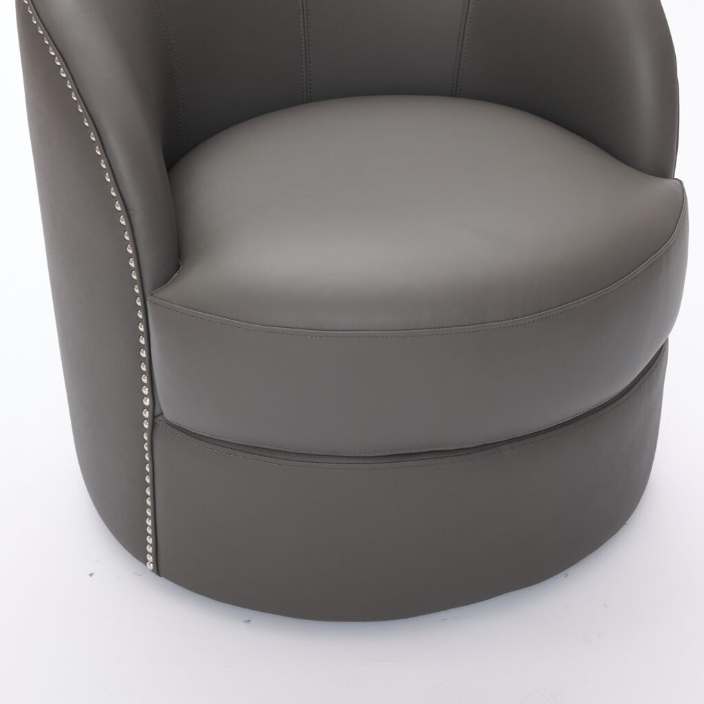 Gray Top-Grain Leather Swivel Accent Chair, 360° Smooth Spin, Mid-Century Modern Lounge Chair for Living Room/Office - Image 18