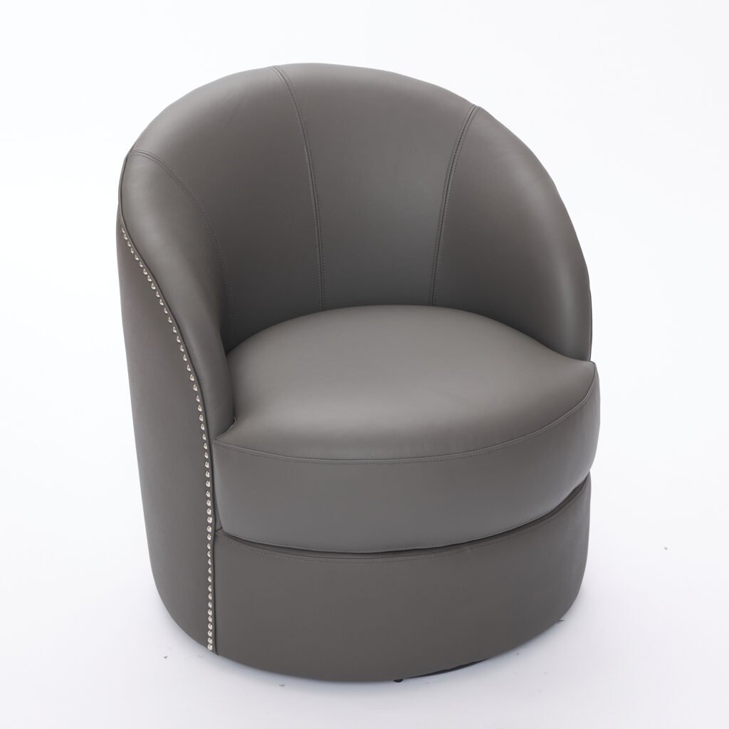 Gray Top-Grain Leather Swivel Accent Chair, 360° Smooth Spin, Mid-Century Modern Lounge Chair for Living Room/Office - Image 19