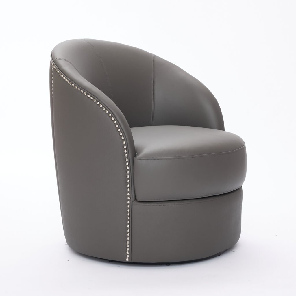 Gray Top-Grain Leather Swivel Accent Chair, 360° Smooth Spin, Mid-Century Modern Lounge Chair for Living Room/Office - Image 22